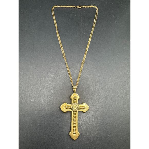 Vtg Whiting & Davis Beaded Floral Gold Tone Cross Pendant Dual Chain Necklace - Picture 10 of 10